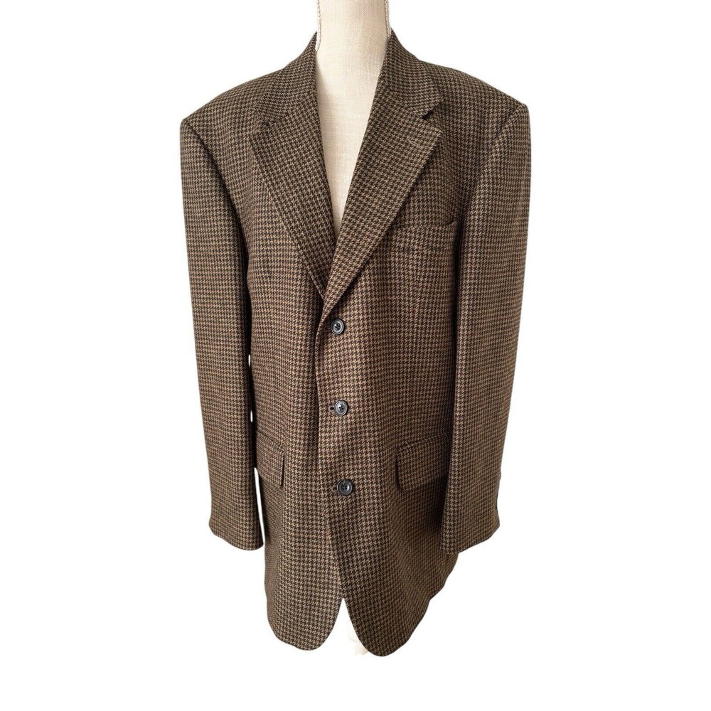 Oscar De La Renta 100% Wool Tweed Blazer Jacket‎ Brown Houndstooth Check 42R